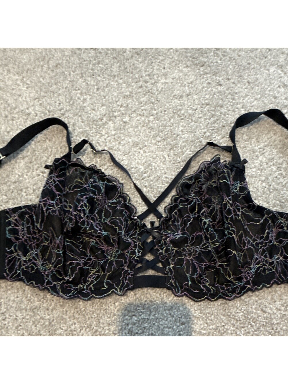 Cacique 40D Black Floral Lace Mesh Sheer Underwire Balconette Bra Hook & Eye